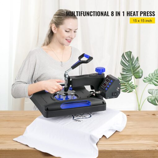 VEVOR 8 in 1 Heat Press Machine 15x15 Inch, 360° Swing Away Shirt Press Machine - Digital Professional Heat Transfer Tshirt Press Machine, Sublimation Heat Press for T Shirts Hat Cap Mug Plate Blue - Image 3