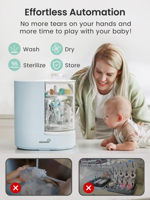 GROWNSY DeepClean Bottle Washer Pro, Baby Bottle Washer and Sterilizer and Dryer, Effortless Washing Machine for Bottle Cleaner, Pump Parts, Pacifiers - Wash, Sterilize and Dry with One Touch (Blue) - Image 8