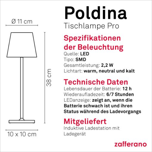 Zafferano, Poldina Pro Rechargeable and Wireless Table Lamp with Touch Control, Can Also Be Used as Outdoor Light, Dimmer 2200-3000K, Height 38cm, Corten Colour - Image 5