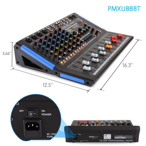 Pyle 8-Channel Bluetooth Studio Audio Mixer- DJ Sound Controller Interface w/ USB Drive for PC Recording Input, XLR Microphone Jack, 48V Power, RCA Input/Output for Professional & Beginners- PMXU88BT - Image 6