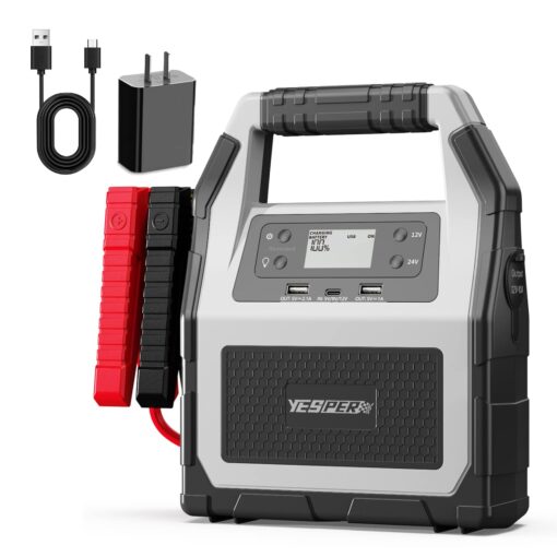 YESPER 12V/24V Car Jump Starter, 6000A Peak 4.1 lbs Portable Jump Starter Battery Pack 42000mAh Battery Booster Pack (Up to All Gas/Diesel Engine) Jumper Box with LED Screen and Wall Charger
