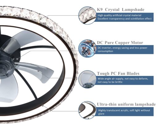 Aipsun Low Profile Modern Crystal Chandelier Ceiling Fans with Lights and Remote, 3000K-6500K Smart Bladeless LED Fan Light, 22" Black Modern Ceiling Fans with Lights for Bedroom - Image 7