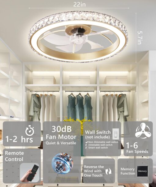 Aipsun Low Profile Modern Crystal Chandelier Ceiling Fans with Lights and Remote, 3000K-6500K Smart Bladeless LED Fan Light, 22" Gold Modern Ceiling Fans with Lights for Bedroom - Image 2