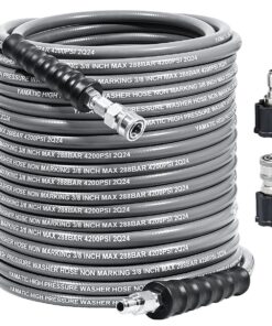 YAMATIC 3/8" Pressure Washer Hose 125FT with Stainless Steel Swivel 3/8" Quick Connect, 4200 PSI Non Marking Rubber Wear Resistant Steel Braided Industry Grade for Hot/Cold Water Gas Power Washer