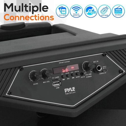 PYLE Portable Bluetooth PA Speaker System - 1200W Outdoor Bluetooth Speaker Portable PA System w/ Microphone In, Party Lights, MP3/USB SD Card Reader FM Radio, Rolling Wheels - Mic, Remote PPHP152SM - Image 5