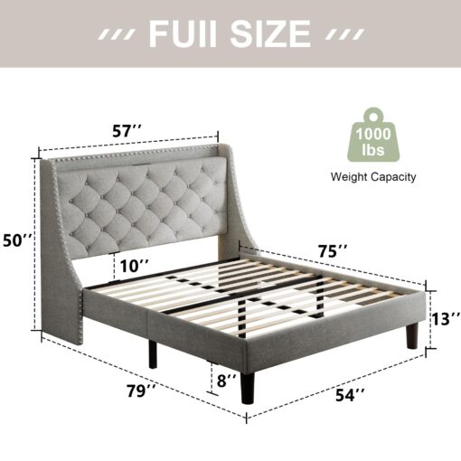 Feonase Full Size Bed Frame with Luxury Wingback and Fast Charging Station,Full Upholstered Button Tufted Storage Headboard Platform Bed,Sturdy Wooden Slats Support,Noise-Free,Easy Assembly,Light Gray - Image 7