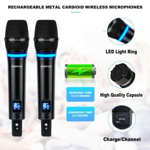 ZERFUN 4 Channel Rechargeable Wireless Microphone System, Pro UHF Metal Handheld Wireless Microphones Cordless Mics for Karaoke Singing Church with VOL Control, 4x50 Adjustable Frequency(G8) - Image 8