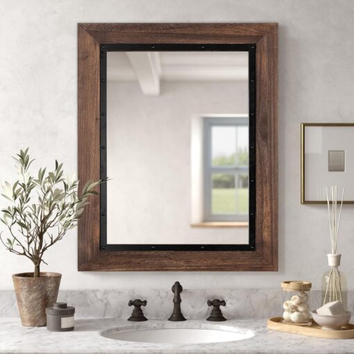 YOSHOOT Rustic Wooden Framed Wall Mirror, Natural Wood and Iron Bathroom Vanity Mirror for Farmhouse Decor, Vertical or Horizontal Hanging, 53" x 28", Brown - Image 7