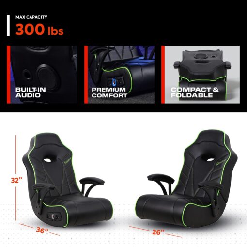 X Rocker Limewire Video Gaming Floor Chair with Armrests, Built-In Audio via Wireless Bluetooth, Foldable, Vegan Leather, 300 lbs Max, Amazon Exclusive, Black with Green - Image 8