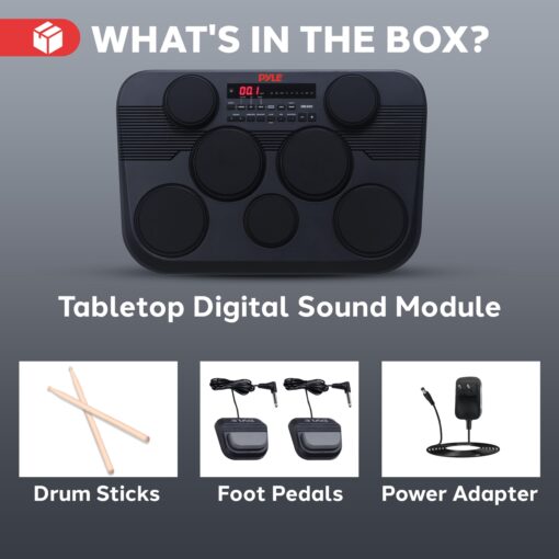 Pyle Electronic Tabletop Digital Drum Set, Compact Portable Drum Pad Kit w/ 7 Touch Sensitive Drum Pads and Pedals, 273 Sounds, USB & Headphone Outputs, MIDI/AUX Inputs, 4x5” Drums & 3x3.5” Cymbals - Image 2