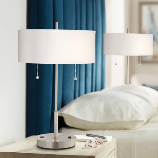360 Lighting Nikola Modern Accent Table Lamps 23.75" High Set of 2 with Hotel Style USB and AC Power Outlet Slim Silver White Drum Shade for Living Room Desk Bedroom House Bedside Nightstand - Image 8