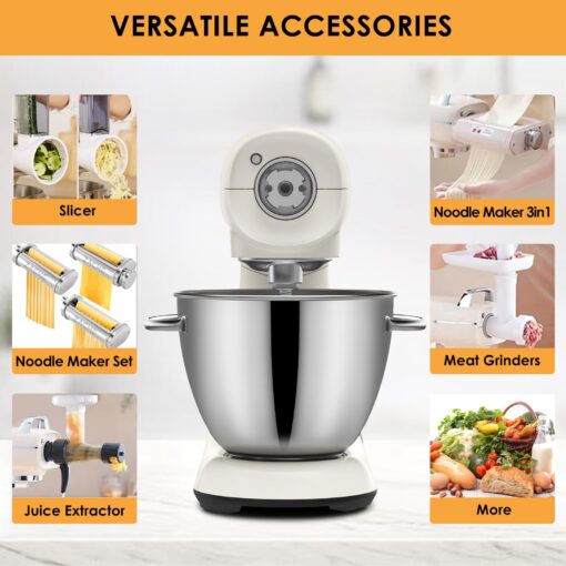 ZACME Mixers Kitchen Electric Stand Mixer 5.5QT 600W, Aluminum die casting and Gears, Dual Cooling System, Low Noise, DC Motor, LED Display and Timing Function, Tilt-head Metal Food Mixer, White - Image 7