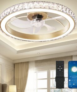 Aipsun Low Profile Modern Crystal Chandelier Ceiling Fans with Lights and Remote, 3000K-6500K Smart Bladeless LED Fan Light, 22" Gold Modern Ceiling Fans with Lights for Bedroom
