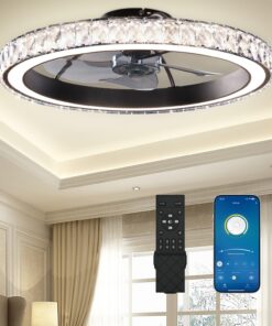 Aipsun Low Profile Modern Crystal Chandelier Ceiling Fans with Lights and Remote, 3000K-6500K Smart Bladeless LED Fan Light, 22" Black Modern Ceiling Fans with Lights for Bedroom