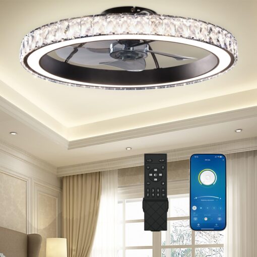 Aipsun Low Profile Modern Crystal Chandelier Ceiling Fans with Lights and Remote, 3000K-6500K Smart Bladeless LED Fan Light, 22" Black Modern Ceiling Fans with Lights for Bedroom