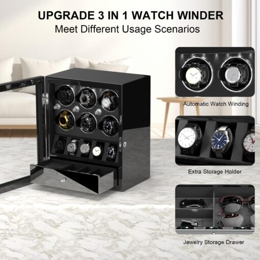 DUKWIN Watch Winder for 2 Automatic Watches,Lockable Watch Winders with Watch and Jewelry Storages, Super Quiet Mabuchi Motor with High-Gloss Piano Lacquer Finish,Built-in Illumination Black - Image 8