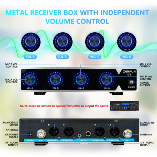 ZERFUN 4 Channel Rechargeable Wireless Microphone System, Pro UHF Metal Handheld Wireless Microphones Cordless Mics for Karaoke Singing Church with VOL Control, 4x50 Adjustable Frequency(G8) - Image 9