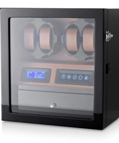 4 Watch Winder with 5 Watch Storage Space, LCD Display, Touch Control and Interior Light (Black + Brown)