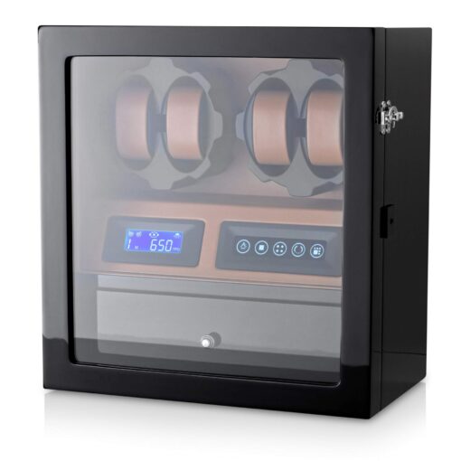 4 Watch Winder with 5 Watch Storage Space, LCD Display, Touch Control and Interior Light (Black + Brown)
