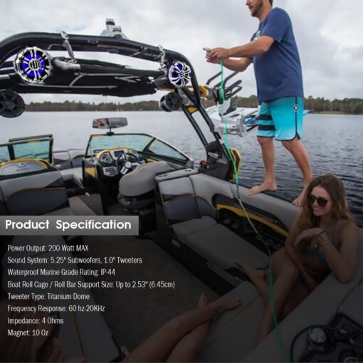 Pyle Marine Speakers - 5.25 Inch Waterproof IP44 Rated Wakeboard Tower and Weather Resistant Outdoor Audio Stereo Sound System with Built-in LED Lights - 1 Pair in Silver (PLMRWB50L) - Image 4