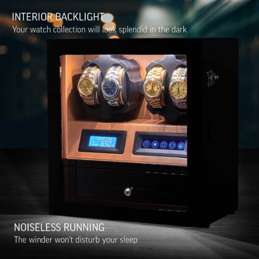 4 Watch Winder with 5 Watch Storage Space, LCD Display, Touch Control and Interior Light (Black + Brown) - Image 6