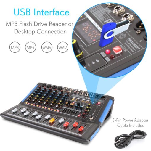 Pyle 8-Channel Bluetooth Studio Audio Mixer- DJ Sound Controller Interface w/ USB Drive for PC Recording Input, XLR Microphone Jack, 48V Power, RCA Input/Output for Professional & Beginners- PMXU88BT - Image 5