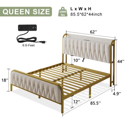 Feonase Queen Bed Frame with Type-C & USB Port, Metal Platform Beds, with Velvet Upholstered Headboard & Footboard, 12" Underbed Storage Space, Easy Assembly, Noise-Free, Beige - Image 7