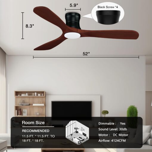 52” Smart Low Profile Ceiling Fans with Lights Remote,3 Wood blade,Quiet DC Motor,Outdoor Indoor Flush Mount Ceiling Fan,Voice Control via WIFI Alexa App,Modern Lighting& Ceiling fan for Bedroom Patio - Image 2