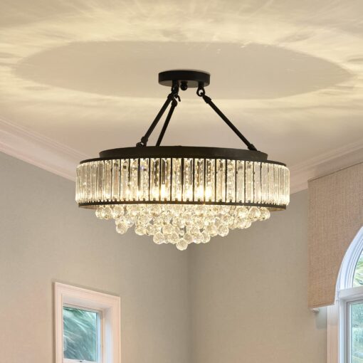 YYJLX 6-Light Modern Large Crystal Chandelier Black Metal E26 Semi Flush Mount Round Light Fixture Ceiling Lamp Farmhouse for Dining Living Room Laundry Foyer Kitchen Balcony Bedroom