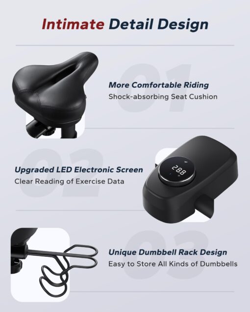MERACH Exercise Bike, Brake Pad/Magnetic Stationary Bike with Exclusive App, Low Noise Indoor Cycling Bike with 270LBS Weight Capacity, Dumbbell Rack and Fitness Courses for Weight Loss - Image 3