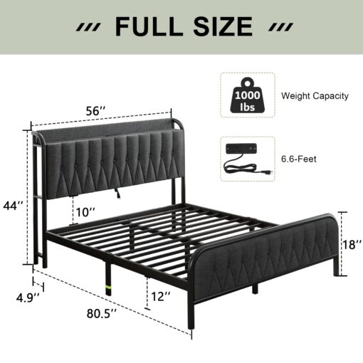 Feonase Full Bed Frame with Type-C & USB Port, Metal Platform Beds, with Linen Upholstered Headboard & Footboard, 12" Underbed Storage Space, Easy Assembly, Noise-Free, Dark Gray - Image 7