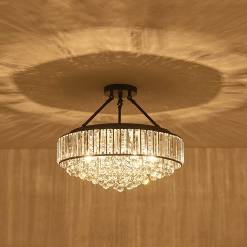 YYJLX 6-Light Modern Large Crystal Chandelier Black Metal E26 Semi Flush Mount Round Light Fixture Ceiling Lamp Farmhouse for Dining Living Room Laundry Foyer Kitchen Balcony Bedroom - Image 2