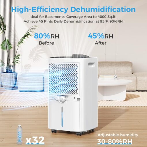 4000 sq.ft Dehumidifier for Basement, Trazico 45 Pint Dehumidifiers for Home with Drain Hose, Smart Humidity Control, 24H Timer, Auto Defrost, Ideal for Large Room, Bathroom, Bedroom, Garage, Black - Image 8