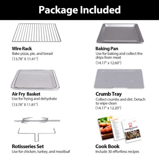 32QT Extra Large Air Fryer, 19-In-1 Air Fryer Toaster Oven Combo with Rotisserie and Dehydrator, Digital Convection Oven Countertop Airfryer Fit 13" Pizza, 6 Accessories, 1800w (Black) - Image 2