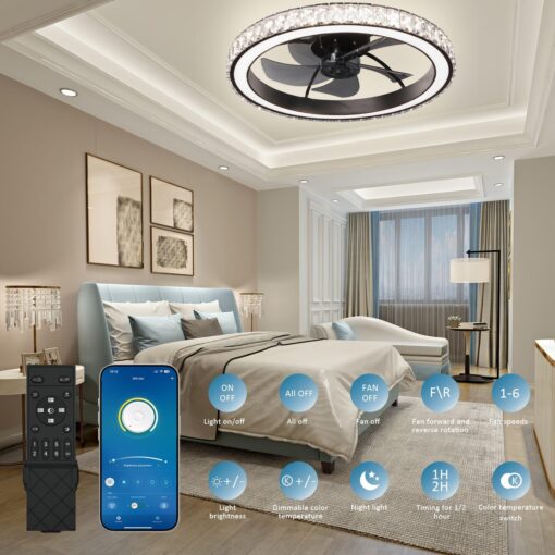 Aipsun Low Profile Modern Crystal Chandelier Ceiling Fans with Lights and Remote, 3000K-6500K Smart Bladeless LED Fan Light, 22" Black Modern Ceiling Fans with Lights for Bedroom - Image 6