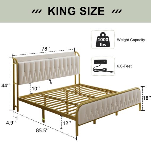 Feonase Velvet King Size Bed Frame with Fast Charging Station,Metal Platform King Beds with Upholstered Headboard & Footboard,12" Underbed Storage Space,Easy Assembly,Noise-Free,Beige - Image 7