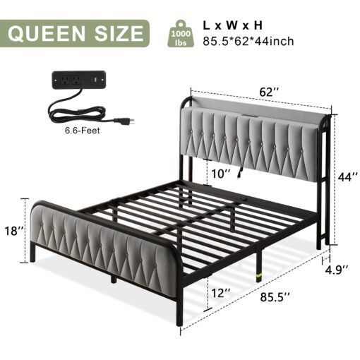 Feonase Velvet Queen Bed Frame with Fast Charging Station,Queen Size Metal Platform Beds with Upholstered Headboard & Footboard,12" Underbed Storage Space,Easy Assembly,Noise-Free,Grey - Image 7