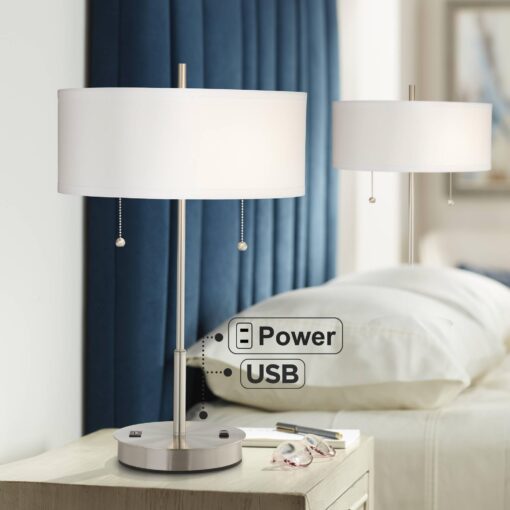 360 Lighting Nikola Modern Accent Table Lamps 23.75" High Set of 2 with Hotel Style USB and AC Power Outlet Slim Silver White Drum Shade for Living Room Desk Bedroom House Bedside Nightstand - Image 3