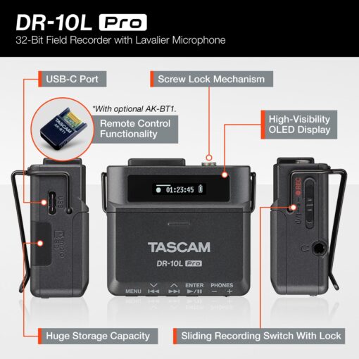 TASCAM DR-10L Pro Ultra Portable Personal Recorder with Lavalier Microphone, 32-bit Float Recording, microSDHC Card Support, and Support for Atomos Wireless Timecode - Image 8