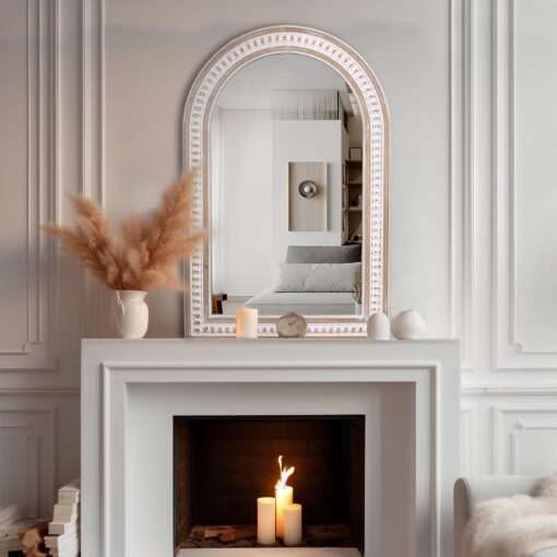 36x24 Boho Wooden Arched Wall Mirror with Beaded, Rustic Farmhouse Decorative Arch Mirrors for Bathroom Vanity, Living Room, Entryway, or Foyer - Image 5