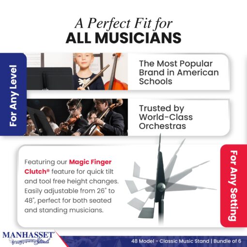 Manhasset Music Stand For Sheet Music - Bulk Pack of 6 Stands - 48 Symphony Model - Long Lasting, Durable Manhasset Stand - Adjustable Height - 20" by 12" - Made in the USA - Image 4