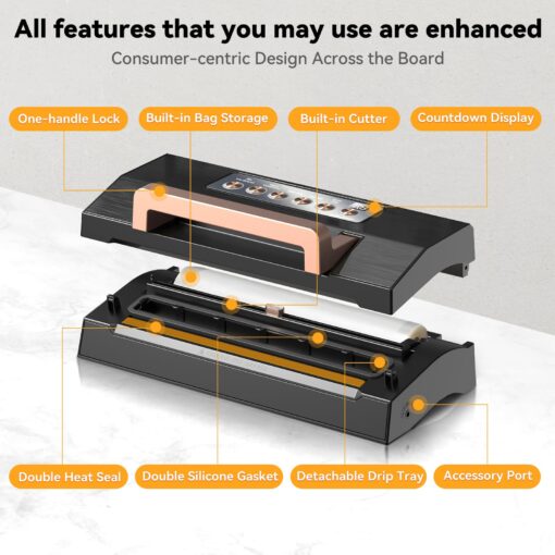 2025 Black Stainless Steel Food Vacuum Sealer, VACAPEX Deluxe Vacuum Sealer Machine with 11" Double Heat Seal and Automatic One-Touch System, Bags Storage & Cutter, Easy-Lock Handle with 2 Bag Rolls - Image 3