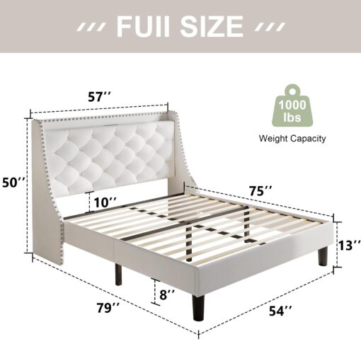 Feonase Full Size Bed Frame with Velvet Luxury Wingback Upholstered Button Tufted Storage Headboard, Full Platform Bed with Charging Station, Sturdy Wooden Slats Support, Easy Assembly, White - Image 7