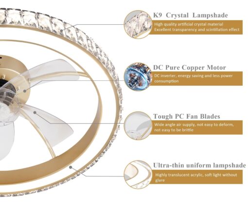 Aipsun Low Profile Modern Crystal Chandelier Ceiling Fans with Lights and Remote, 3000K-6500K Smart Bladeless LED Fan Light, 22" Gold Modern Ceiling Fans with Lights for Bedroom - Image 7