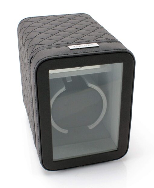 Heiden Monaco Single Watch Winder - Black Leather - Battery Powered or AC Adapter, 12 Program Settings, Diamond Stitched Vegan Leather, Soft Linen Interior, Large Interior Space for Large Watches