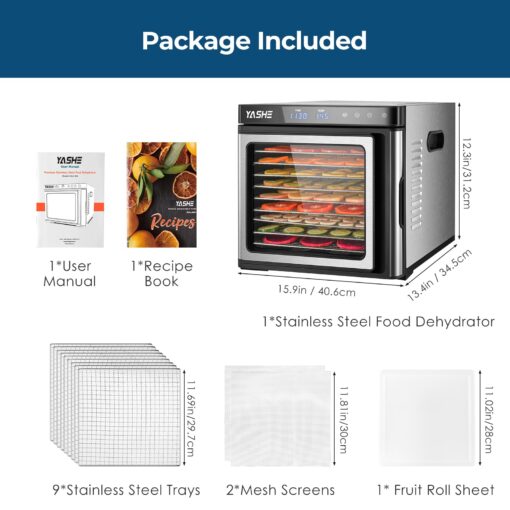 YASHE Food Dehydrator Machine, 9-Tray Stainless Steel Jerky Dehydrator, 1000W Food Dryer with Adjustable Timer & Temperature, Recipes Included for Meat, Fruits, and Herbs - Image 6