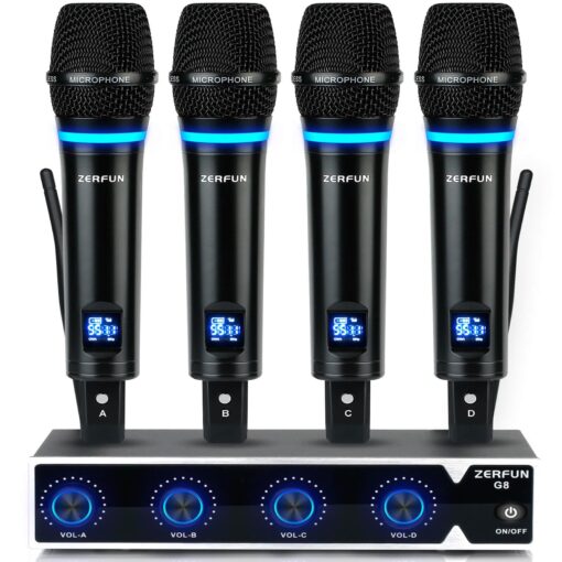 ZERFUN 4 Channel Rechargeable Wireless Microphone System, Pro UHF Metal Handheld Wireless Microphones Cordless Mics for Karaoke Singing Church with VOL Control, 4x50 Adjustable Frequency(G8)