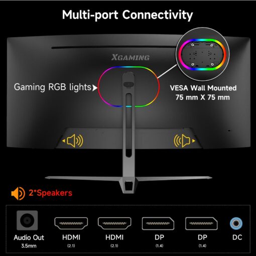XGaming 34 Inch Curved Monitor, Ultra Wide QHD 1440p Gaming Screen 180Hz, 100% sRGB, 1MS, FreeSync, HDMI DP Computer Display Built-in Speakers, 1500R WQHD 3440x1440 with Back RGB Lights - Image 5