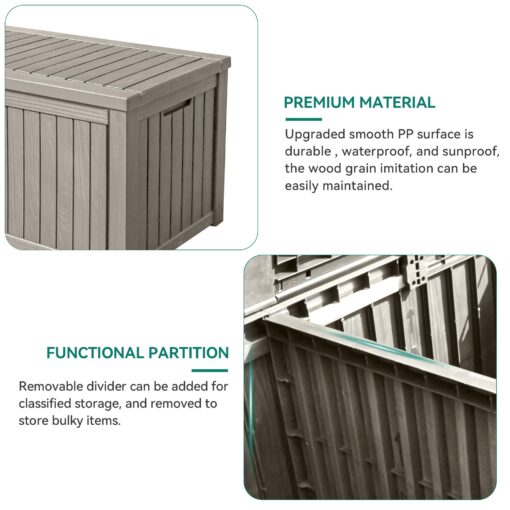 YITAHOME 150 Gallon Large Deck Box w/Divider, XL Waterproof Outdoor Storage for Patio Furniture,Outdoor Cushions, Garden Tools, Sports Equipment and Pool Supplies, Resin, Lockable, Taupe - Image 4