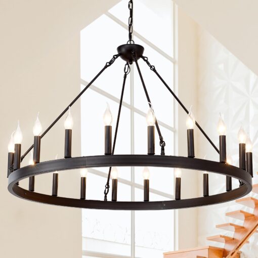 ZBMYRBZJ Black Wagon Wheel Chandelier 40 inch,20-Light Farmhouse Wagon Wheel Chandeliers Round Industrial Ceiling Light fixtures for Outdoor Porch high Ceilings Living Dining Room Foyer Entryway